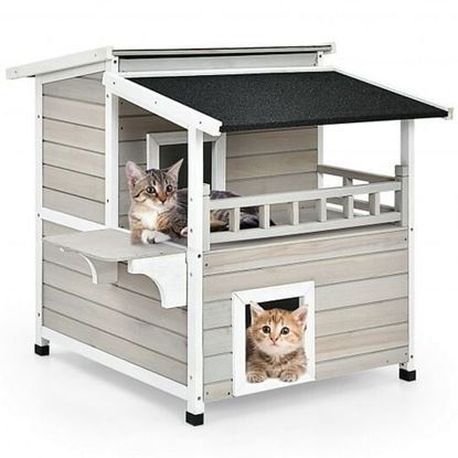 Picture of 2-Story Wooden Patio Luxurious Cat Shelter House Condo with Large Balcony