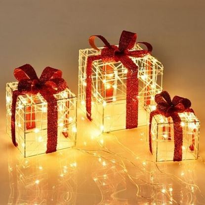 Picture of 3 Pieces Christmas Lighted Gift Boxes Decorations with 60 LED Lights for Indoor and Outdoor