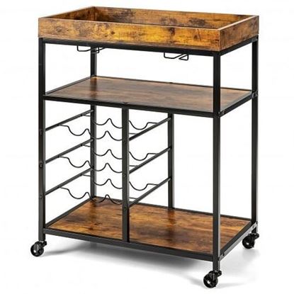 Picture of 3-Tier Wood Rolling Kitchen Serving Cart with 9 Wine Bottles Rack Metal Frame-Rustic Brown