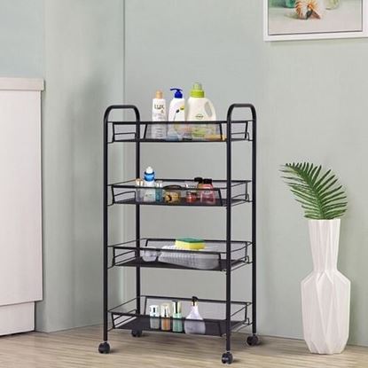 Picture of Black/Gray 4 Tier Storage Rack Trolley Cart-Black