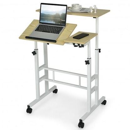 Picture of Mobile Standing up Desk Adjustable Computer Desk Tilting Workstation-Natural