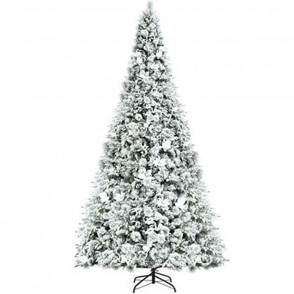 Picture of 8 Feet Snow Flocked Hinged Christmas Tree with Berries and Poinsettia Flowers