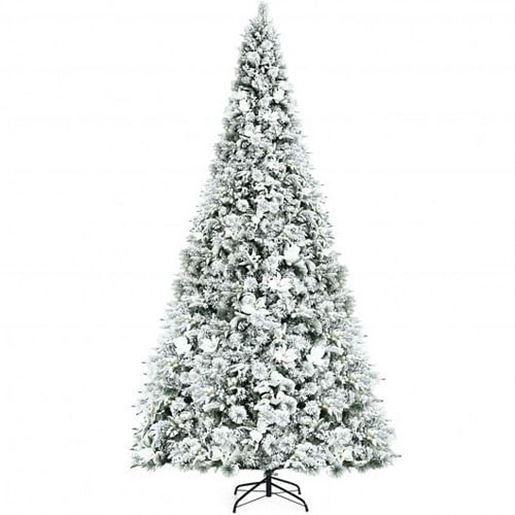 Picture of 8 Feet Snow Flocked Hinged Christmas Tree with Berries and Poinsettia Flowers