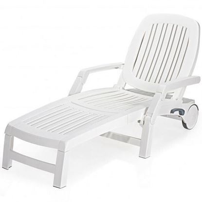 Picture of Adjustable Patio Sun Lounger with Weather Resistant Wheels-White