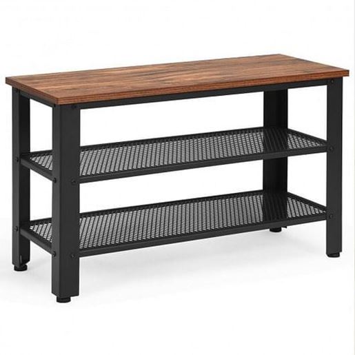 Foto de 3-Tier Shoe Rack Industrial Shoe Bench with Storage Shelves-Black