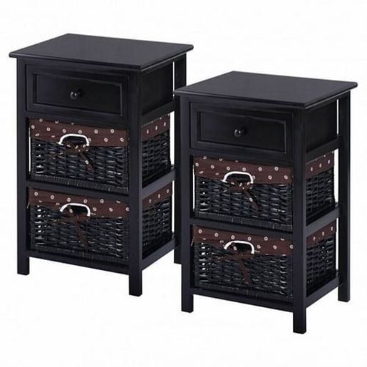 Picture of 3 Tier Set of 2 Wood Nightstand with 1 and 2 Drawer -Black