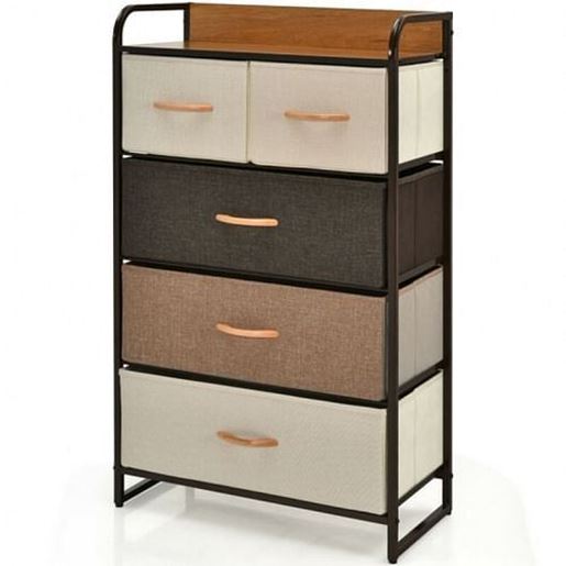 Picture of 4-Tier Organizer Tower Steel Frame Wooden Top Storage with 5-Drawer Dresser