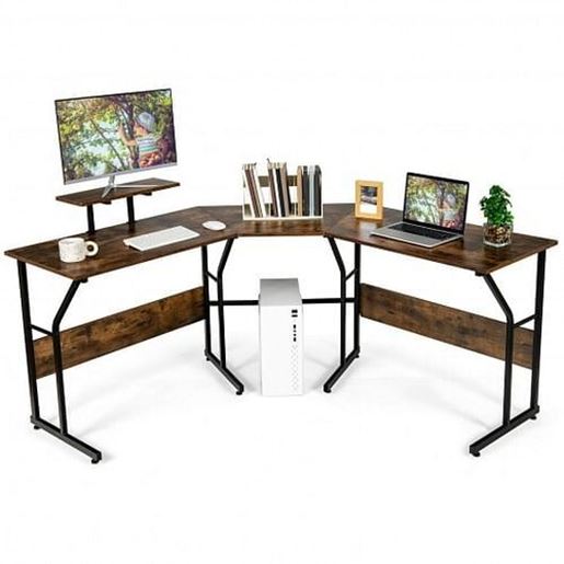 Picture of 88.5 Inch L Shaped Reversible Computer Desk Table with Monitor Stand-Rustic Brown