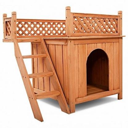 Picture of Wood Pet Dog House with Roof Balcony and Bed Shelter