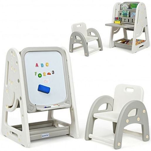 Picture of 2 in 1 Kids Easel Desk Chair Set Book Rack Adjustable Art Painting Board-Gray