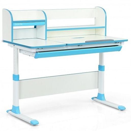 Picture of Adjustable Height Study Desk with Drawer and Tilted Desktop for School and Home-Blue