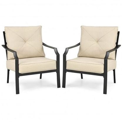 Picture of 2 Pieces Patio Dining Chairs Set with Padded Cushions Armrest Steel Frame-Beige