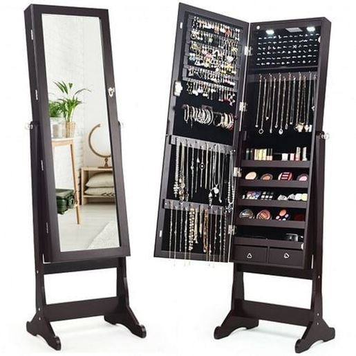 Picture of Lockable Mirrored Jewelry Cabinet with Stand and Led Lights-Brown