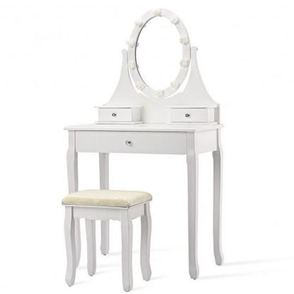Picture of 3 Drawers Lighted Mirror Vanity Dressing Table Stool Set-White