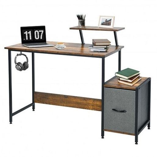 Picture of Computer Desk with Reversible Storage Drawer and Moveable Shelf-Brown