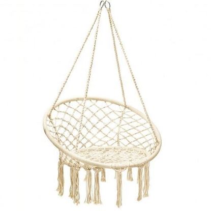 Picture of Hanging Macrame Hammock Chair with Handwoven Cotton Backrest-Natural