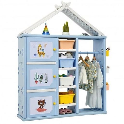 Picture of Kids Wardrobe Costume Storage Closet Pretend Dresser Hanging Armoire-Blue