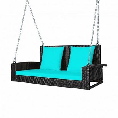 Picture of 2-Person Patio Rattan Porch Swing with Cushions-Turquoise