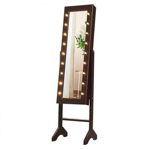 Picture of Mirrored Jewelry Cabinet Armoire Organizer w/ LED lights-Brown