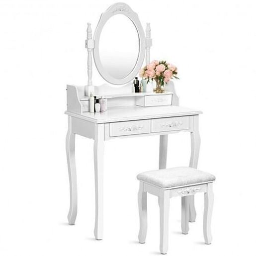 Picture of Wood Vanity Table Set with Oval Mirror and 4 Drawers for Kids Girls Women-White