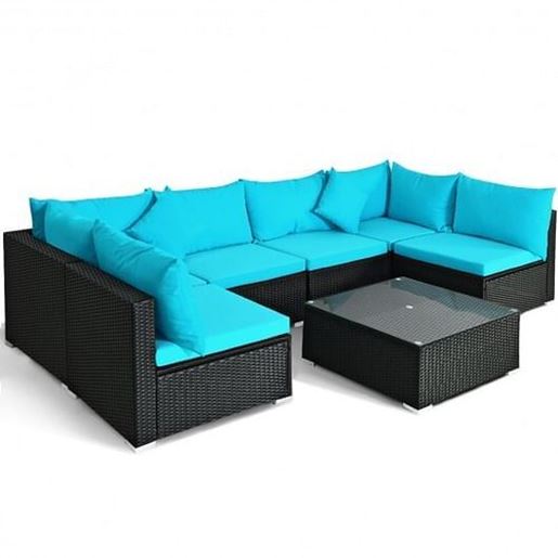 Picture of 7-Piece Outdoor Wicker Patio Sofa Set with 2 Pillows and Cushions-Turquoise