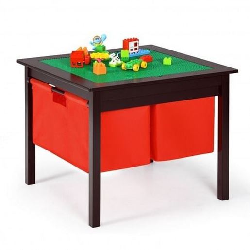 Picture of 2-in-1 Kids Double-sided Activity Building Block Table with Drawers-Brown