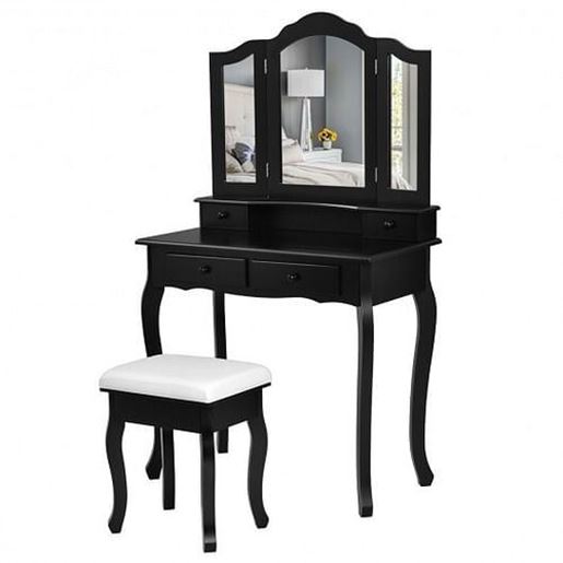 Picture of 4 Drawers Wood Mirrored Vanity Dressing Table with Stool-Black