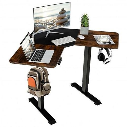 Picture of L-shaped Electric Standing Desk with 4 Memory Positions and LCD Display-Rustic Brown