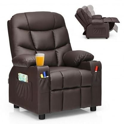 Picture of PU Leather Kids Recliner Chair with Cup Holders and Side Pockets-Brown