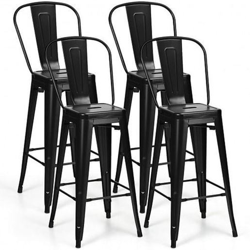 Picture of 30" Height Set of 4 High Back Metal Industrial Bar Stools-Black