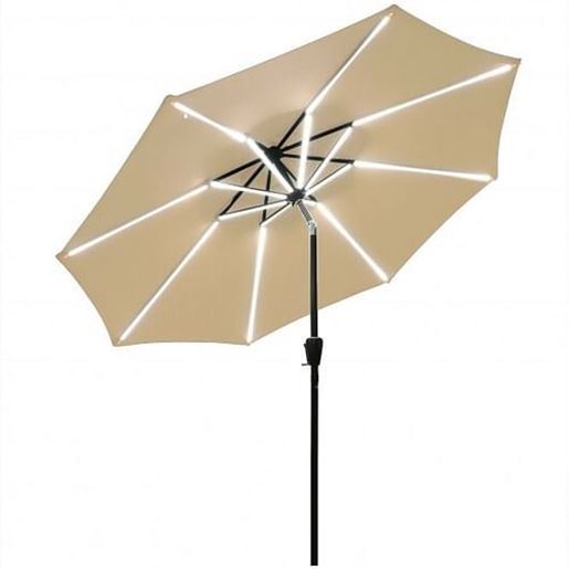 Picture of 9Ft Solar LED Market Umbrella with Aluminum Crank Tilt 16 Strip Lights-Beige