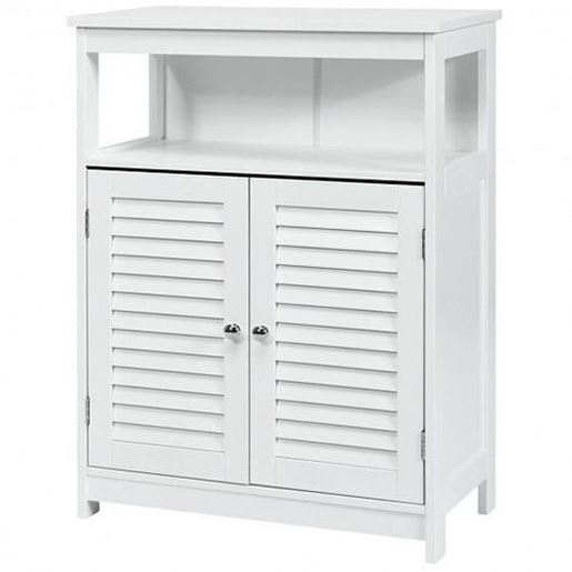 Picture of Wood Freestanding Bathroom Storage Cabinet with Double Shutter Door-White