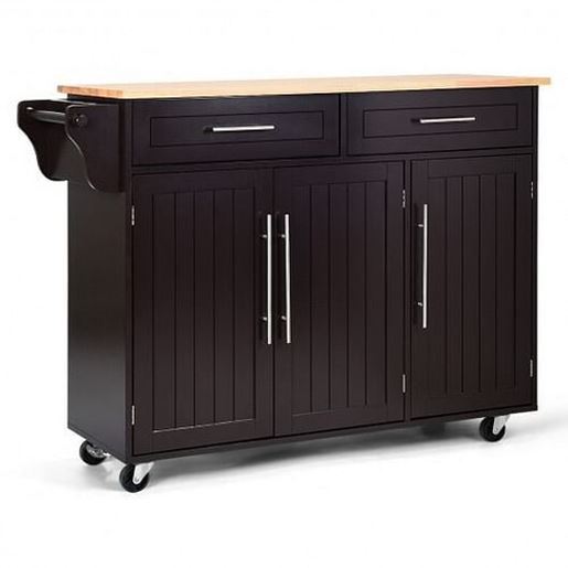 Picture of Kitchen Island Trolley Wood Top Rolling Storage Cabinet Cart with Knife Block-Brown