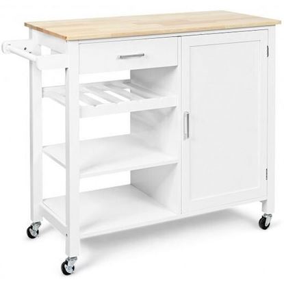 Picture of Kitchen Island Cart Rolling Serving Cart Wood Trolley-White