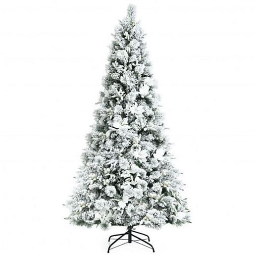 Picture of 7 Feet Snow Flocked Christmas Tree with Poinsettia Flowers