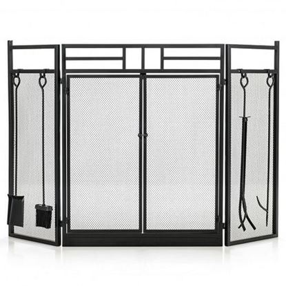 Picture of 3-Panel Folding Wrought Iron Fireplace Screen with Doors and 4 Pieces Tools Set-Black