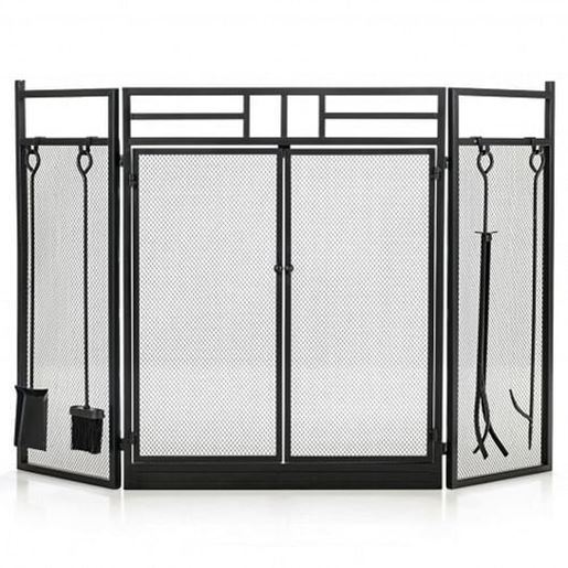 Foto de 3-Panel Folding Wrought Iron Fireplace Screen with Doors and 4 Pieces Tools Set-Black