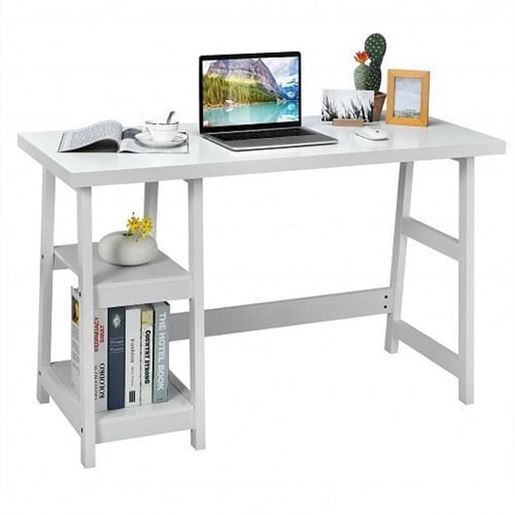 Picture of Trestle Computer Desk Home Office Workstation with Removable Shelves-White