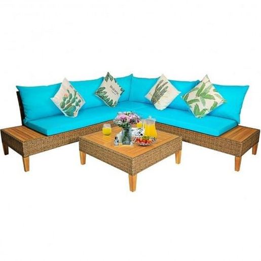 Picture of 4PCS Patio Rattan Furniture Set with Wooden Side Table-Turquoise