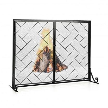 Picture of 3-Panel Folding Wrought Iron Fireplace Screen with Doors and 4 Pieces Tools Set-Black