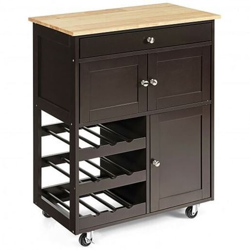 Picture of Kitchen Cart with Rubber Wood Top 3 Tier Wine Racks 2 Cabinets-Brown