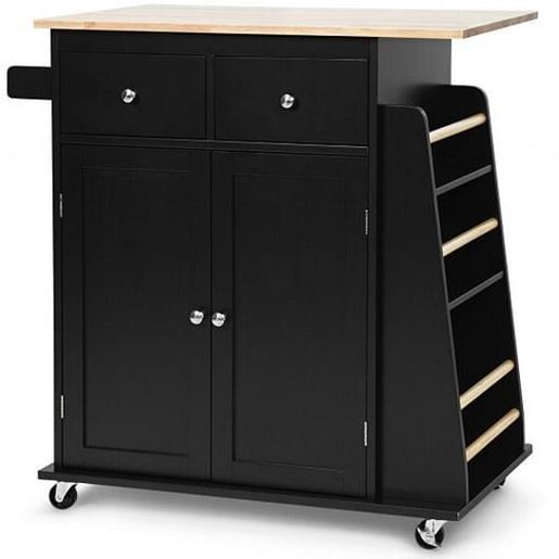 Picture of Rubber Wood Countertop Rolling Kitchen Island Cart-Black