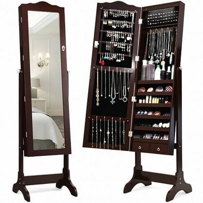 Picture of Mirrored Jewelry Cabinet Storage with Drawer and Led Lights-Coffee