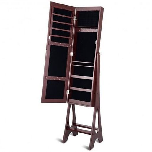 Picture of LED Jewelry Cabinet Armoire Organizer with Bevel Edge Mirror-Brown