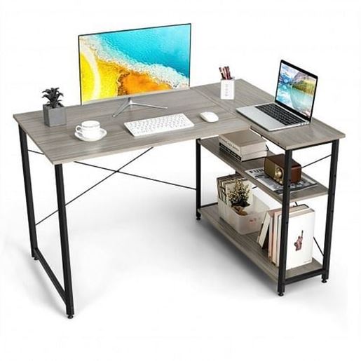 Picture of 48 Inch Reversible L Shaped Computer Desk with Adjustable Shelf-Gray