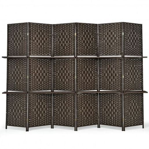 Picture of 6 Panel Folding Weave Fiber Room Divider with 2 Display Shelves -Brown