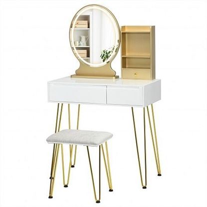 Picture of Vanity Table Set with Lighted Mirror and Cushion Stool-White