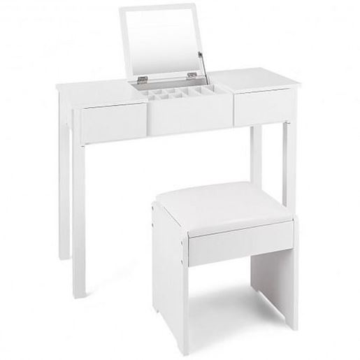 Picture of Black / White Vanity Makeup Dressing Table Writing Desk Set with Flip Top Mirror and Cushioned Stool-White