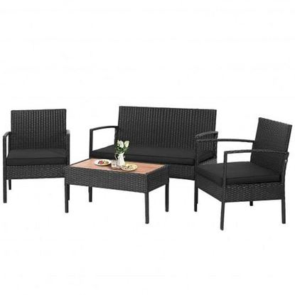 Picture of 4 Pieces Patio Rattan Furniture Set with Cushioned Chair and Wooden Tabletop