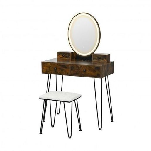 Picture of Vanity Table Set with 3-Color Lighted Dimmable Mirror-Brown